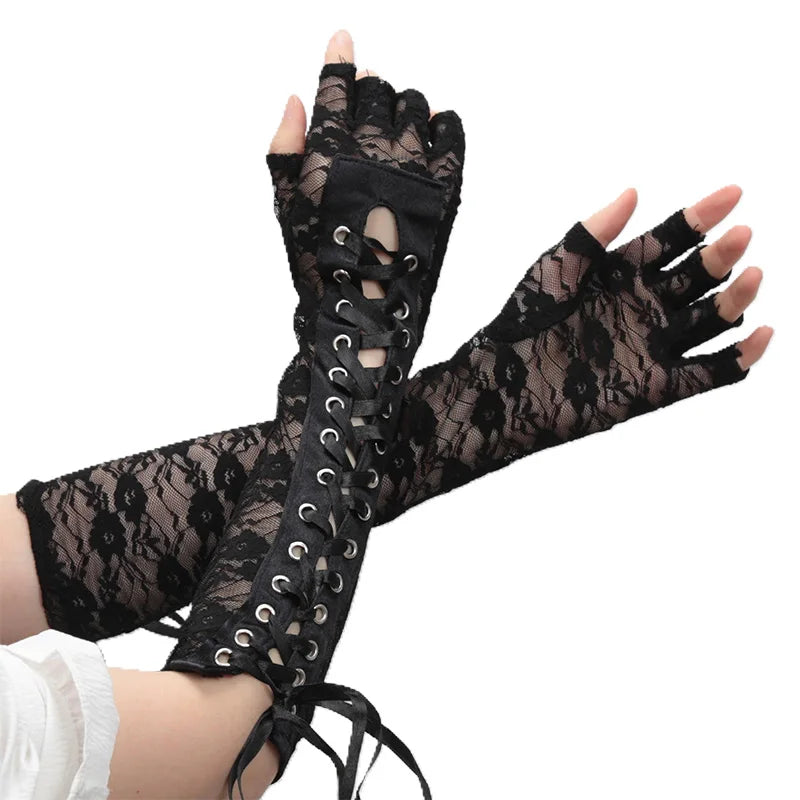 Women Sexy Lace Long Gloves Black Elbow Half-finger Gloves Ribbon Fingerless Fishnet Mesh Etiquette Party Gothic Lolita Gloves