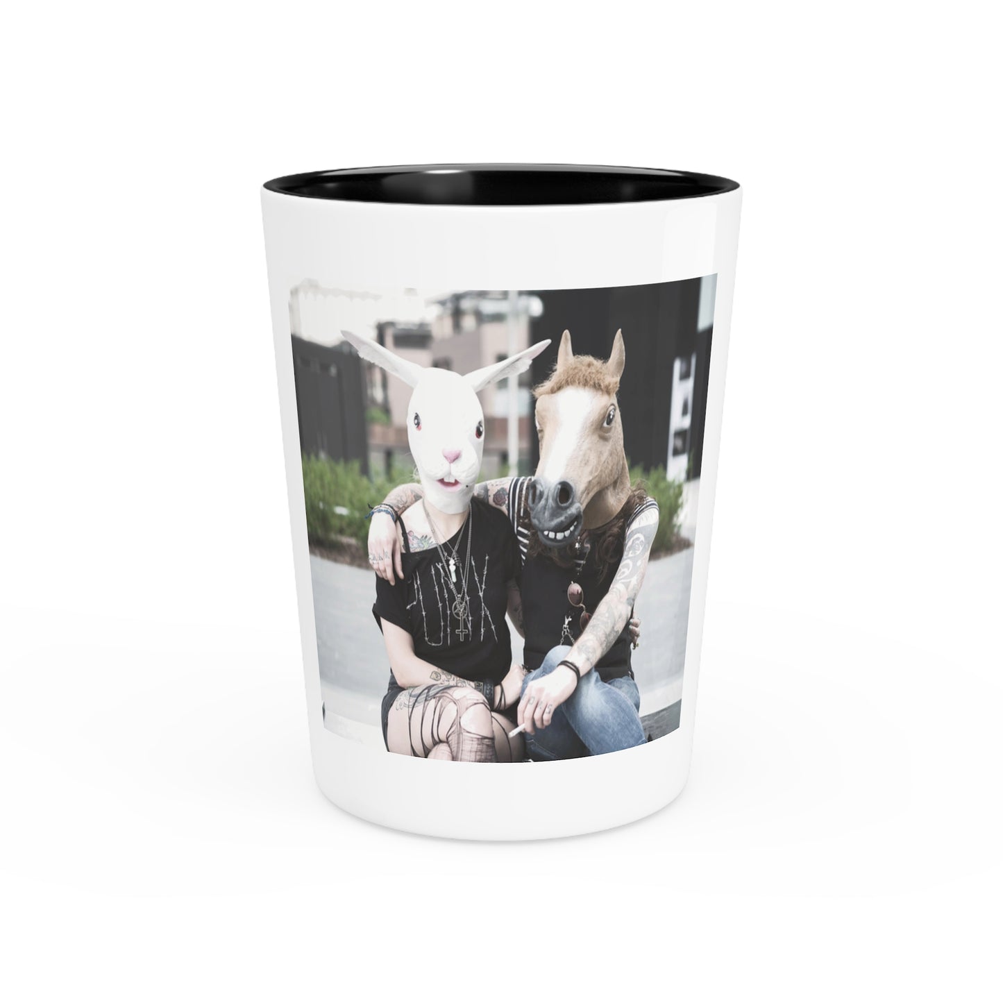 Novelty Shot Glass — Couple Wearing Rabbit & Horse Masks Photo