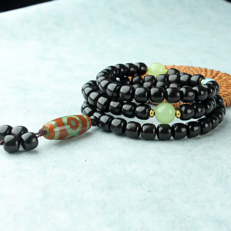 Natural Wood 108 Buddha Beads with Yellow Flower Pear