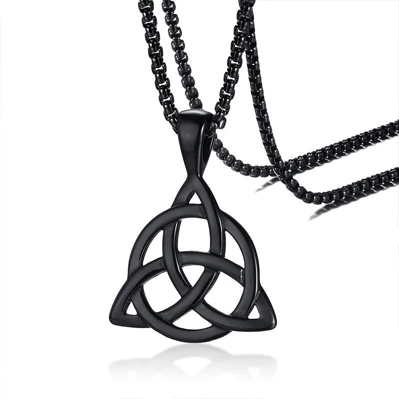 Men's Black Irish Triquetra Knot Pendant Necklace with Stainless Steel Box Chain
