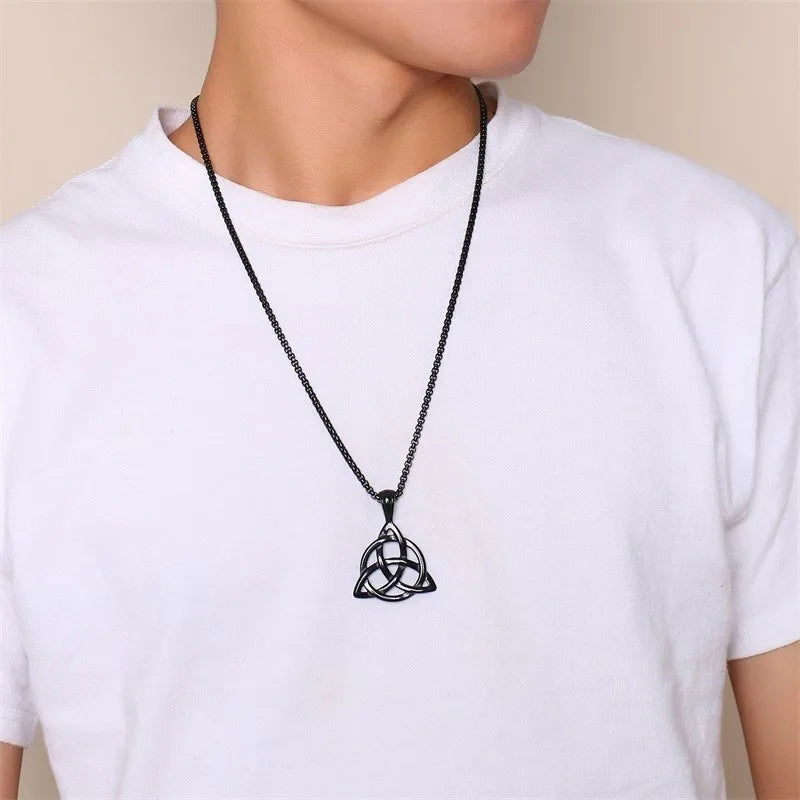 Men's Black Irish Triquetra Knot Pendant Necklace with Stainless Steel Box Chain