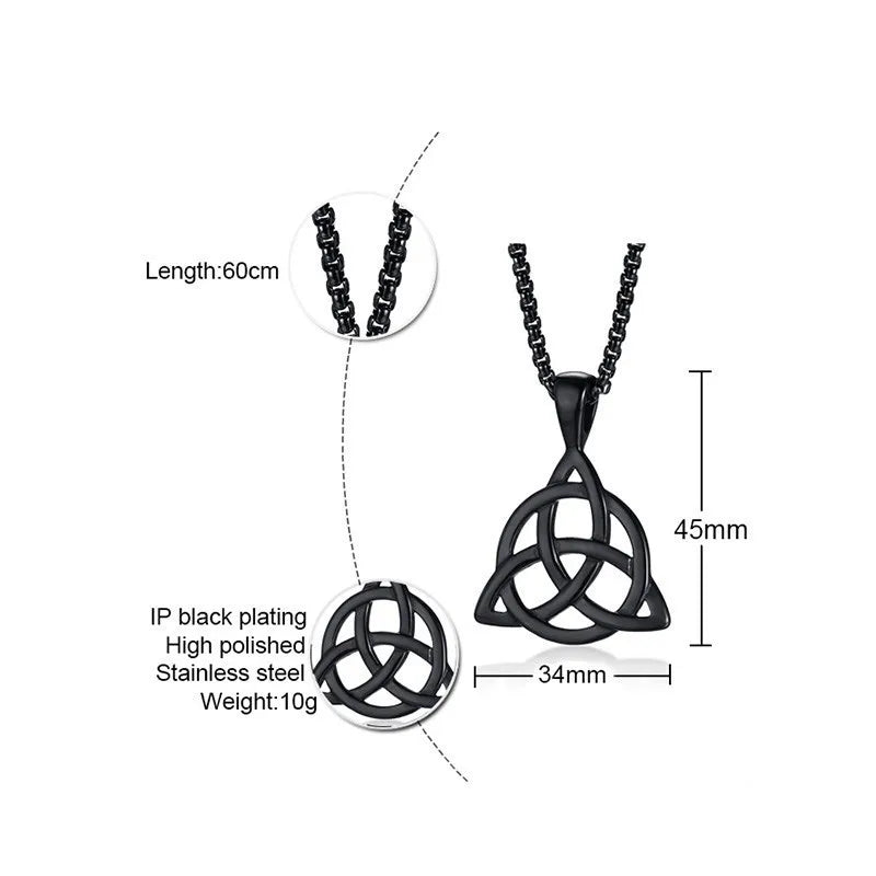 Men's Black Irish Triquetra Knot Pendant Necklace with Stainless Steel Box Chain