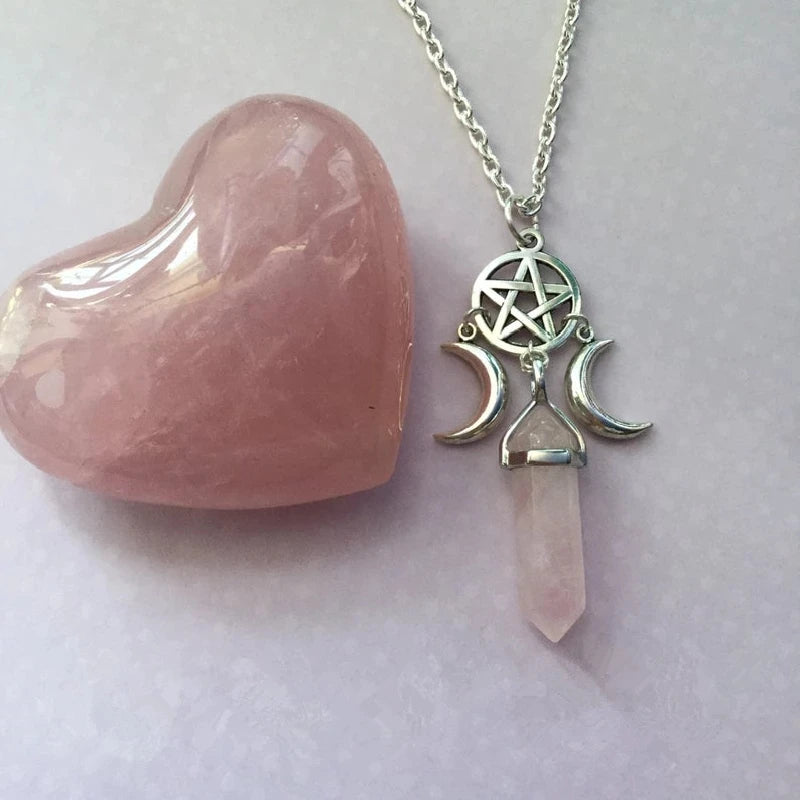 Triple Goddess Crystal Point Pentacle Moon Necklace, Moonstone Pendant Wiccan Witchcraft Collar Jewelry Women Creative Gift