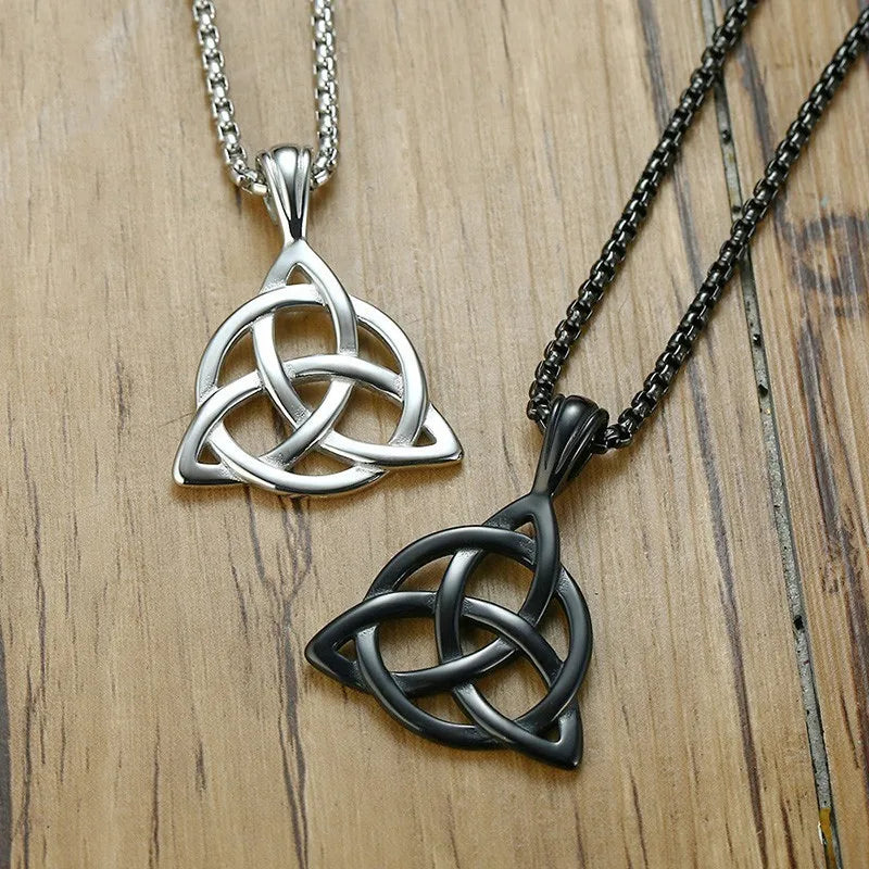 Men's Black Irish Triquetra Knot Pendant Necklace with Stainless Steel Box Chain