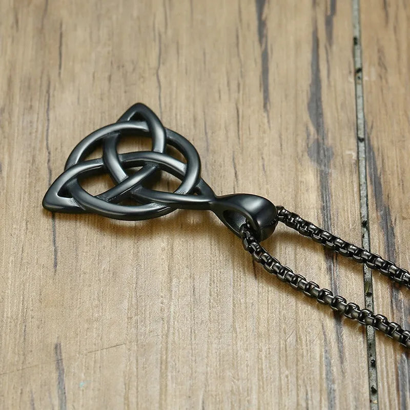 Men's Black Irish Triquetra Knot Pendant Necklace with Stainless Steel Box Chain