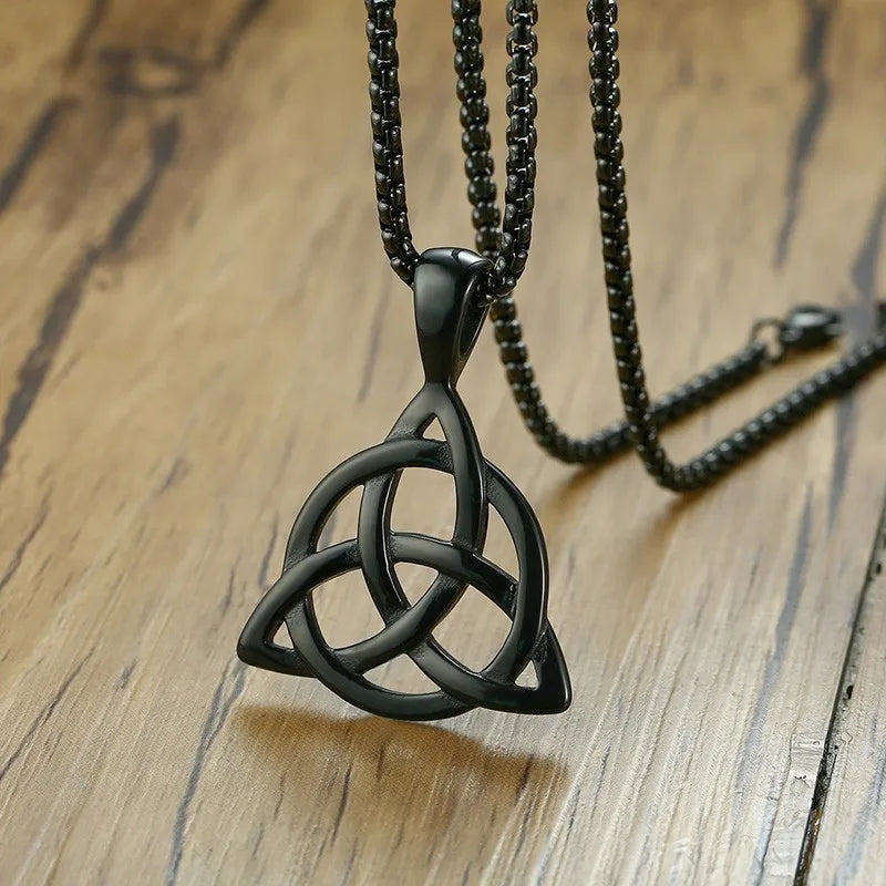 Men's Black Irish Triquetra Knot Pendant Necklace with Stainless Steel Box Chain