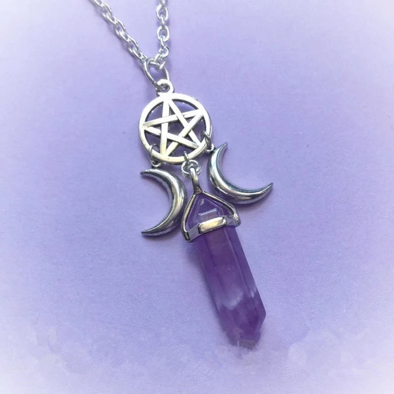 Triple Goddess Crystal Point Pentacle Moon Necklace, Moonstone Pendant Wiccan Witchcraft Collar Jewelry Women Creative Gift