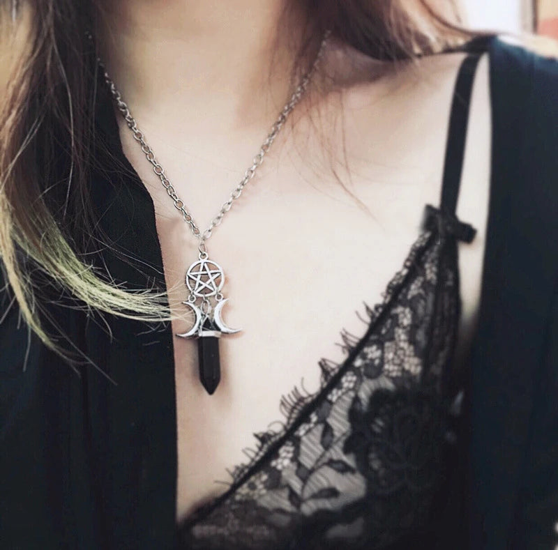 Triple Goddess Crystal Point Pentacle Moon Necklace, Moonstone Pendant Wiccan Witchcraft Collar Jewelry Women Creative Gift