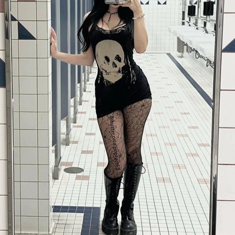 2024 New Retro Punk Gothic Dress Women Streetwear Harajuku Skull Printed Sleeveless High Waist Bodycon Dress Grunge Rave Outfits