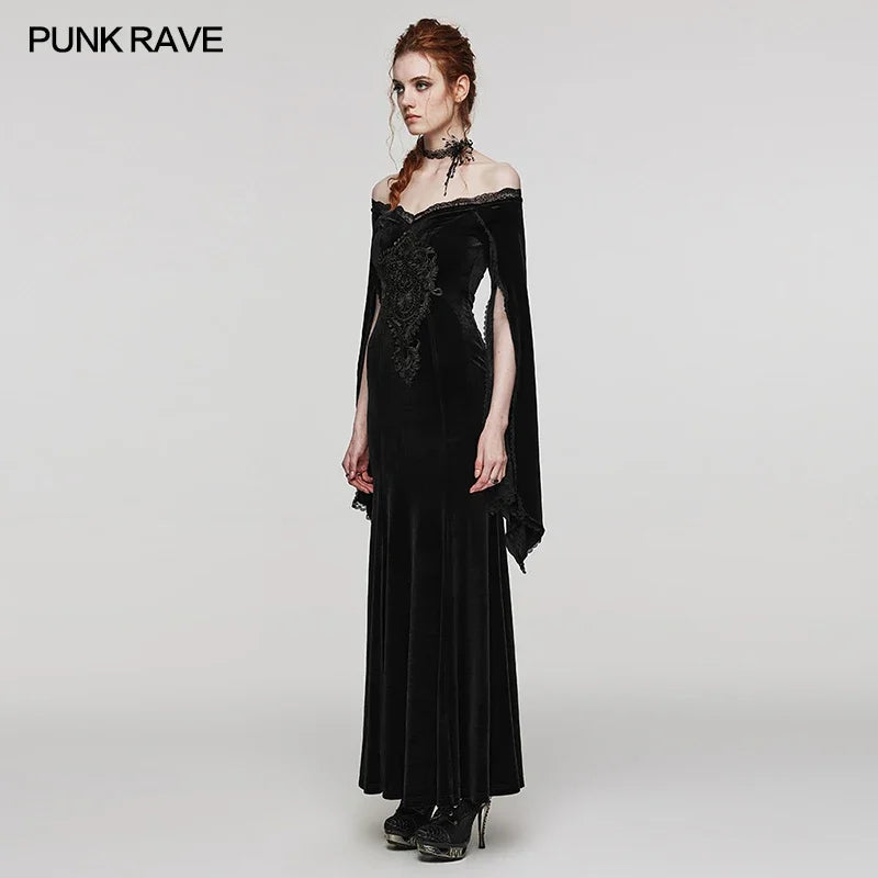 PUNK RAVE Women's Gothic Delicate Gorgeous Large Decal V-neck Dress Elastic Velvet Party Club Long Dresses Women Clothing