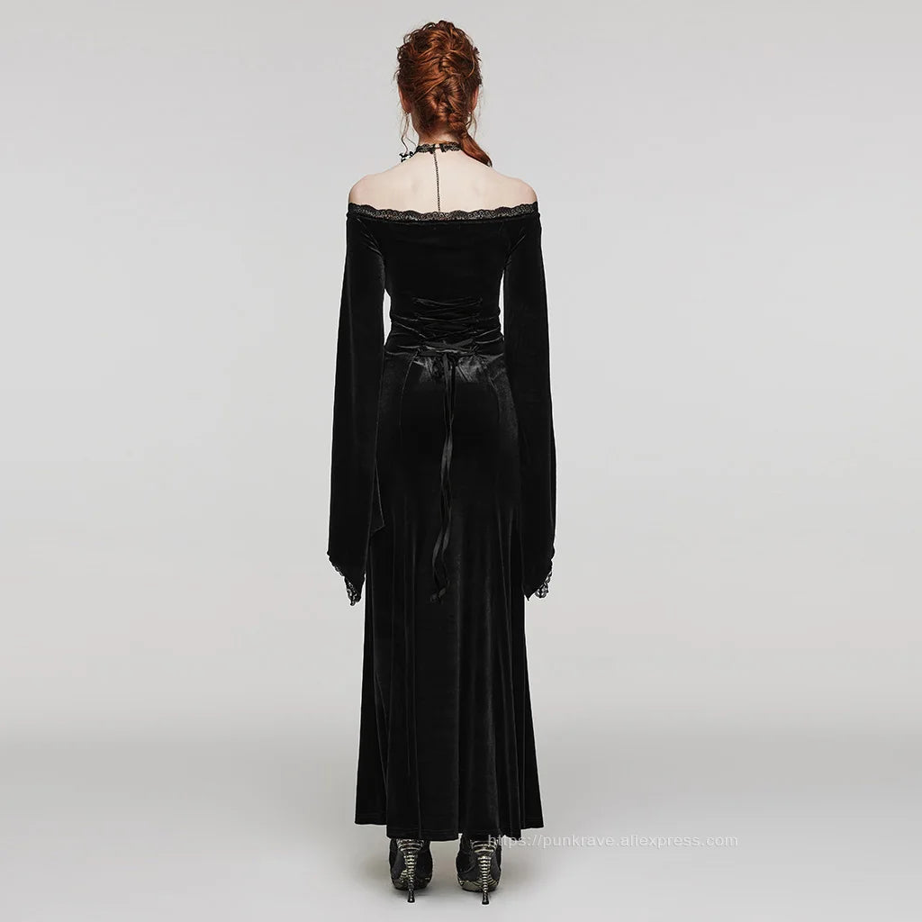 PUNK RAVE Women's Gothic Delicate Gorgeous Large Decal V-neck Dress Elastic Velvet Party Club Long Dresses Women Clothing