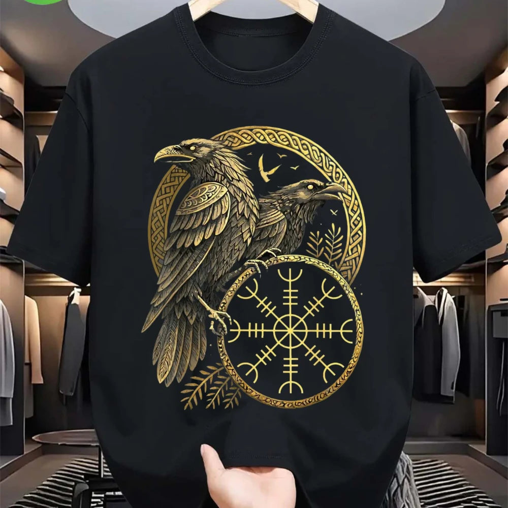 Vintage Viking Navigation Symbol Vegvisir Nordic Rune Raven Tee Clothing Graphic Short Sleeve Shirt Men Women for Spring Summer
