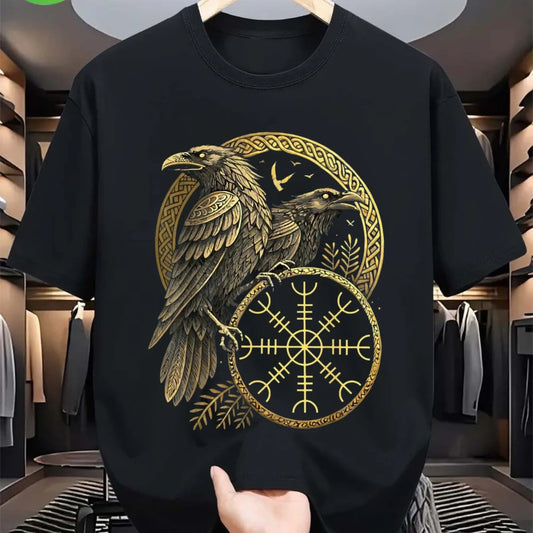 Vintage Viking Navigation Symbol Vegvisir Nordic Rune Raven Tee Clothing Graphic Short Sleeve Shirt Men Women for Spring Summer