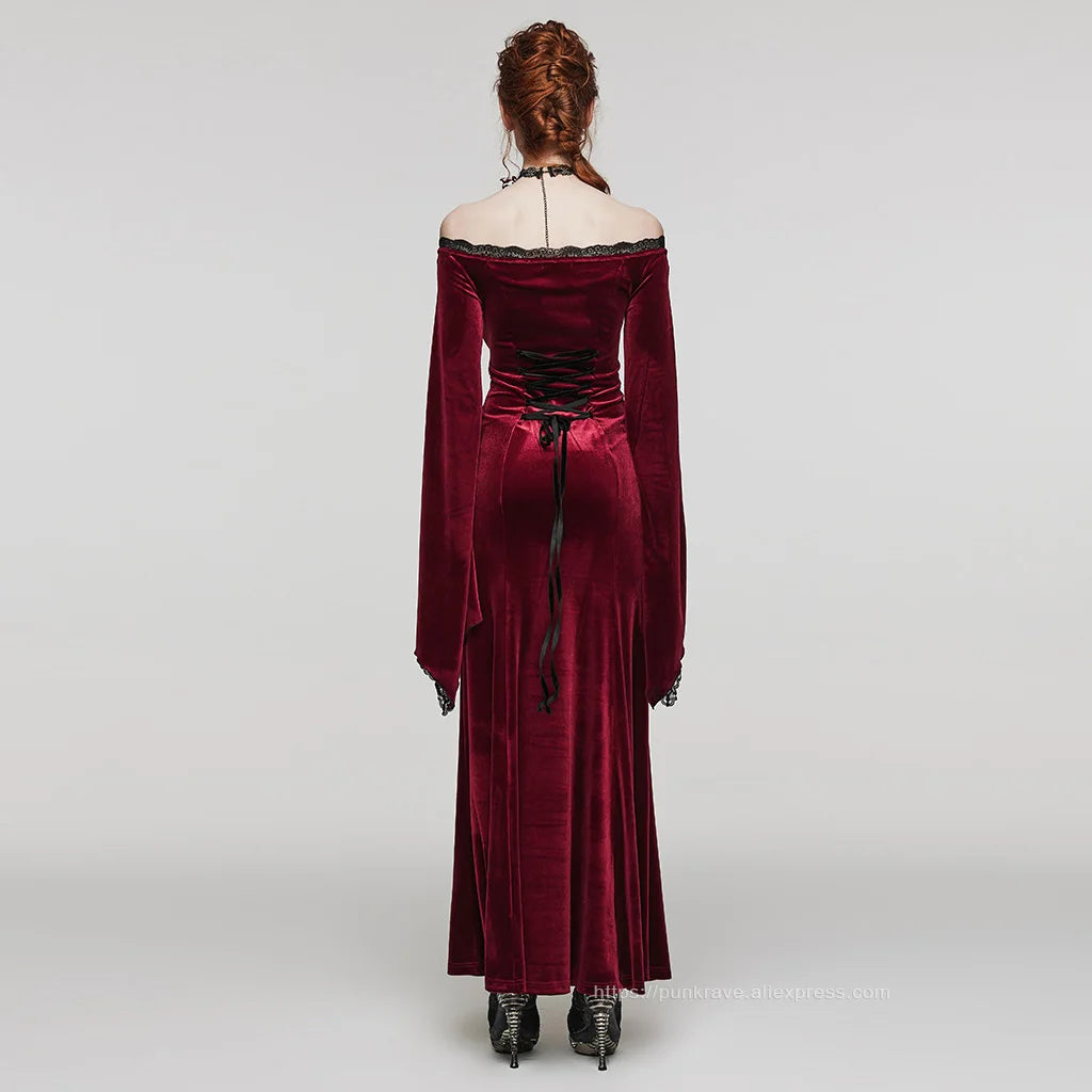 PUNK RAVE Women's Gothic Delicate Gorgeous Large Decal V-neck Dress Elastic Velvet Party Club Long Dresses Women Clothing
