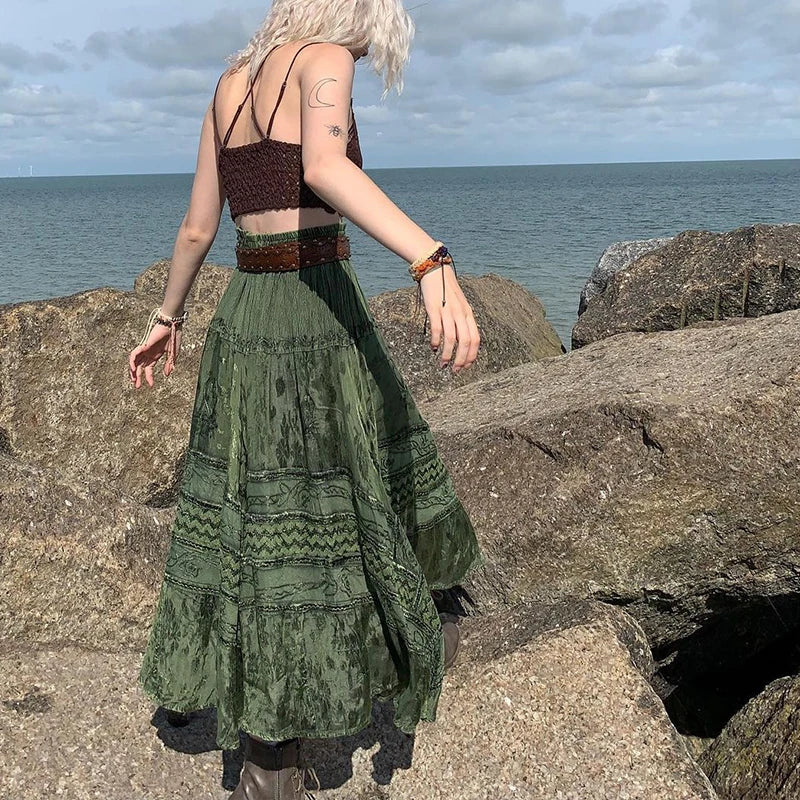 2000s Women's Clothing Trendy Vintage Skirt, Retro Print High Waist Lace-Up Female Midi Skirt for Party Vacation