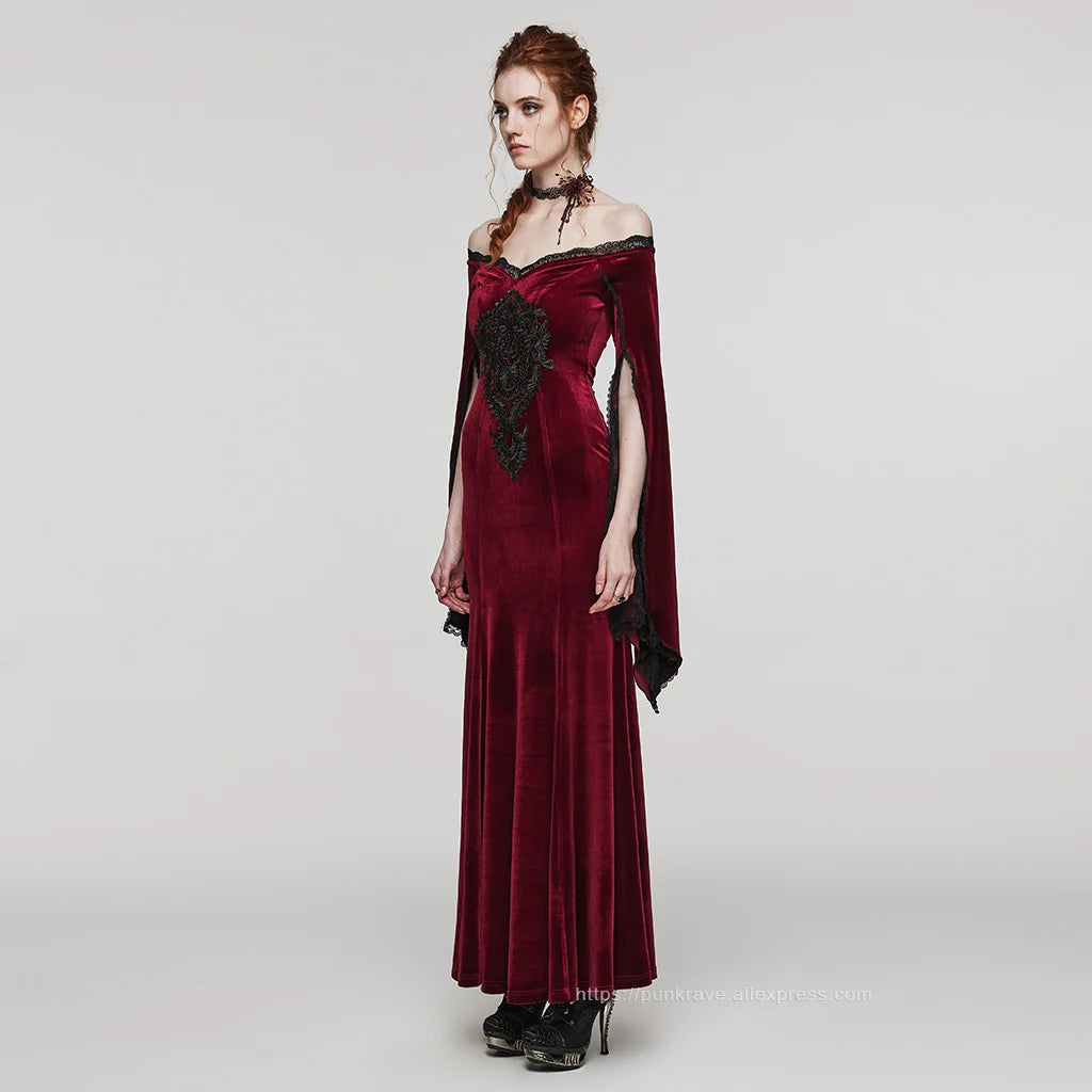 PUNK RAVE Women's Gothic Delicate Gorgeous Large Decal V-neck Dress Elastic Velvet Party Club Long Dresses Women Clothing