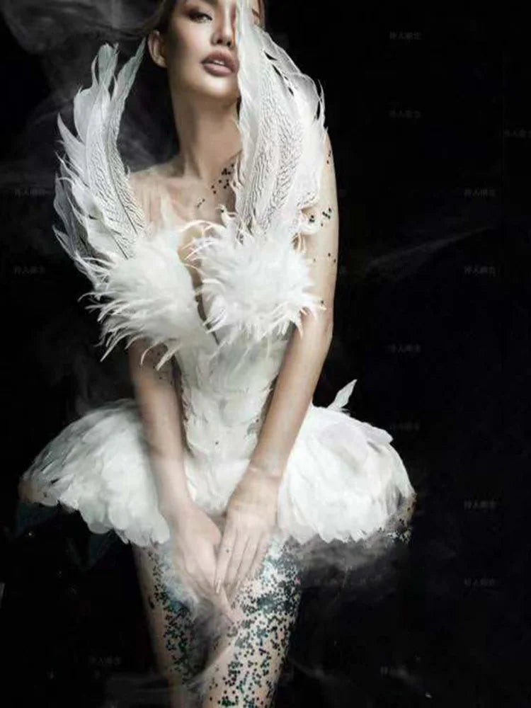Sexy Rave Festival Outfit Women Swan Feather Angel Dress Drag Queen Fantasy Carnival Halloween Gogo Dancer Costume