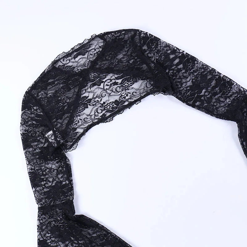 Lace Mall Gothic See Through Shrug Tops Grunge Aesthetic Black Flare Sleeve Crop Top Women Vintage Punk Sexy Clothing