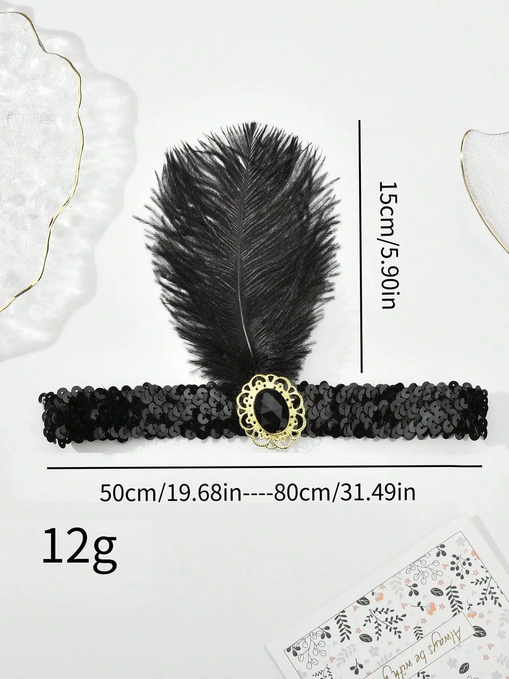 Women's Black Hair Accessories Beaded Sequin Hair Band 1920s Retro Gatsby Single Party Ladies Headwear Dress UP Feather Headband