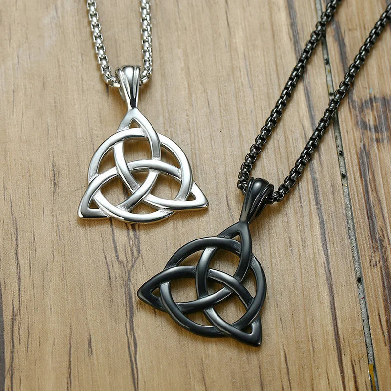 Men's Black Irish Triquetra Knot Pendant Necklace with Stainless Steel Box Chain