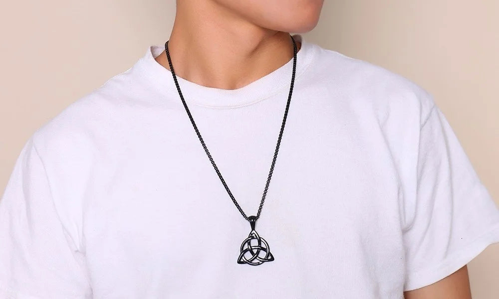 Men's Black Irish Triquetra Knot Pendant Necklace with Stainless Steel Box Chain