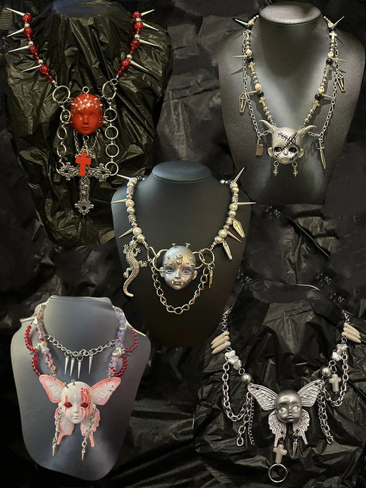 ZHUHE Face Doll Necklace Set New Gothic Style Jewelry Party Gift For Women And Men