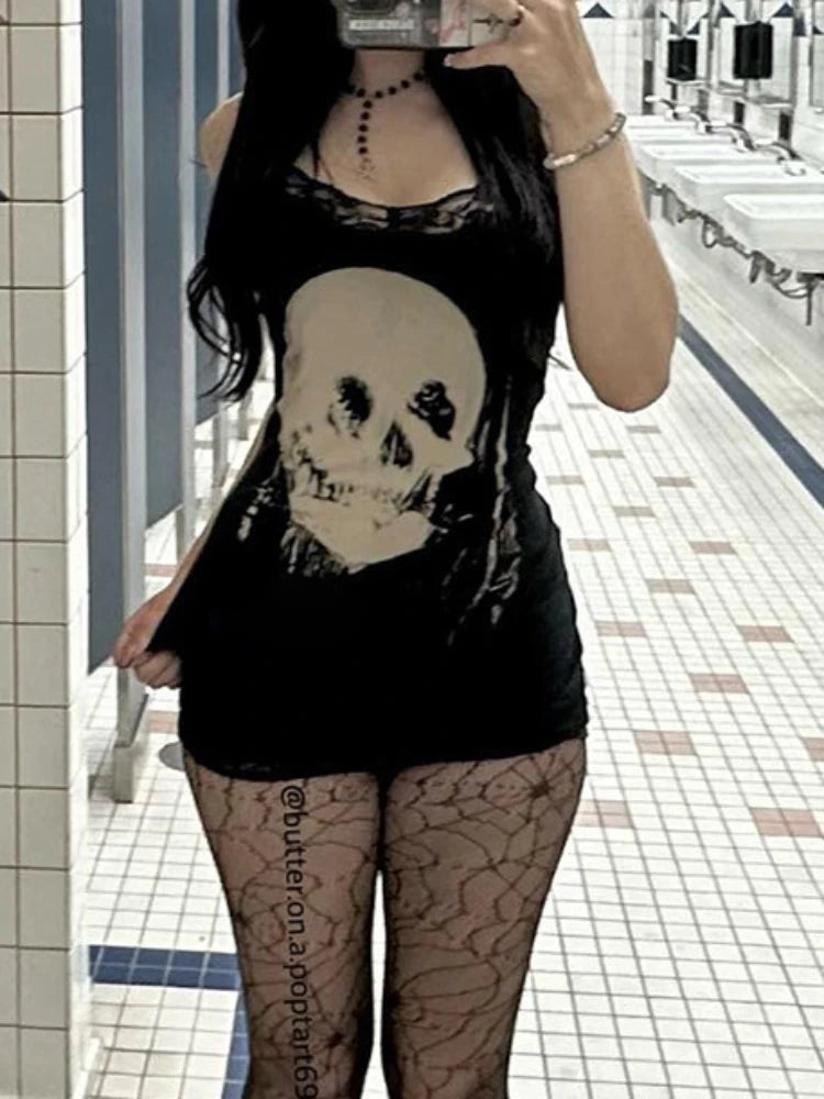 2024 New Retro Punk Gothic Dress Women Streetwear Harajuku Skull Printed Sleeveless High Waist Bodycon Dress Grunge Rave Outfits