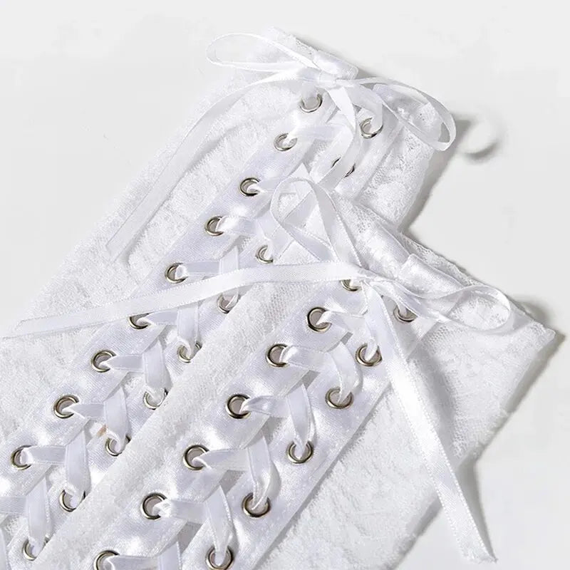 Women Sexy Lace Long Gloves Black Elbow Half-finger Gloves Ribbon Fingerless Fishnet Mesh Etiquette Party Gothic Lolita Gloves