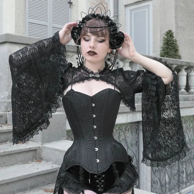 Lace Mall Gothic See Through Shrug Tops Grunge Aesthetic Black Flare Sleeve Crop Top Women Vintage Punk Sexy Clothing