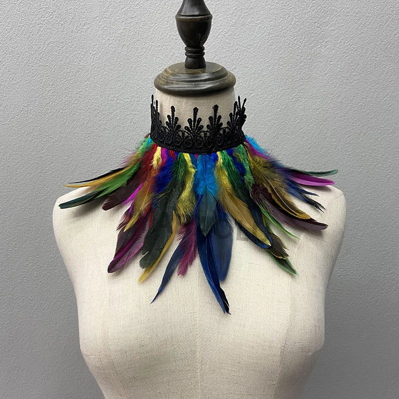 Black Feather Choker Collar Sexy Lace Women Neck Cover Punk Cape Shawl Party Cosplay Natural Feather With Lace Fake Collar