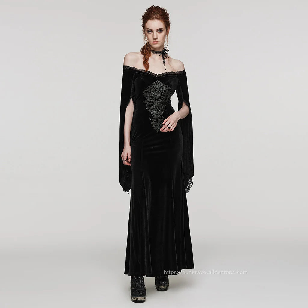 PUNK RAVE Women's Gothic Delicate Gorgeous Large Decal V-neck Dress Elastic Velvet Party Club Long Dresses Women Clothing