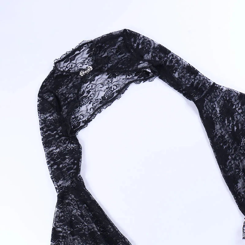 Lace Mall Gothic See Through Shrug Tops Grunge Aesthetic Black Flare Sleeve Crop Top Women Vintage Punk Sexy Clothing