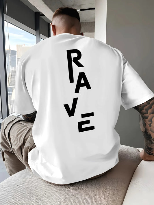 RAVE letter Men's T Shirt Fitness Sports Cotton Tee Casual Oversized O-Neck Summer Spring Loose Top Streetwear Trendy O-Neck Top