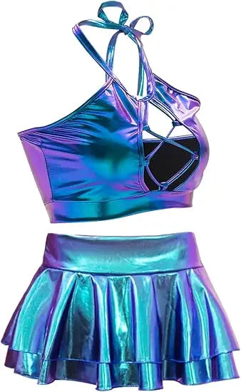 Women's Rave Outfit Sets for Festivals 2 Pcs Metallic Tops Skirt Party Club Holographic Shiny Metallic Costume Stage Cos