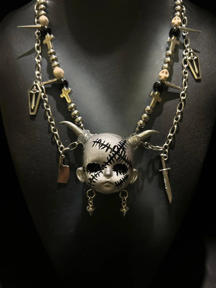 ZHUHE Face Doll Necklace Set New Gothic Style Jewelry Party Gift For Women And Men