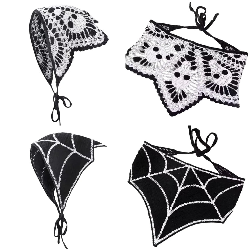 New Bat Halloween Bag Headscarf Hat Knitted Cotton Triangle Scarf Skull Spide Headband Headgear Women Girl All Saints Day Gift