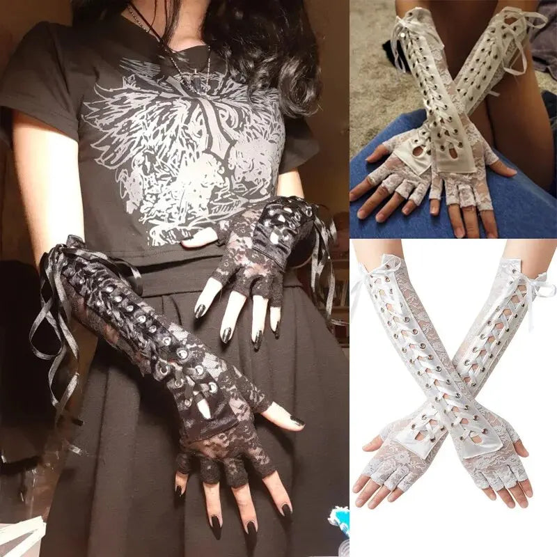 Women Sexy Lace Long Gloves Black Elbow Half-finger Gloves Ribbon Fingerless Fishnet Mesh Etiquette Party Gothic Lolita Gloves