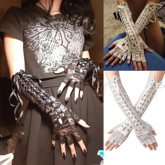 Women Sexy Lace Long Gloves Black Elbow Half-finger Gloves Ribbon Fingerless Fishnet Mesh Etiquette Party Gothic Lolita Gloves