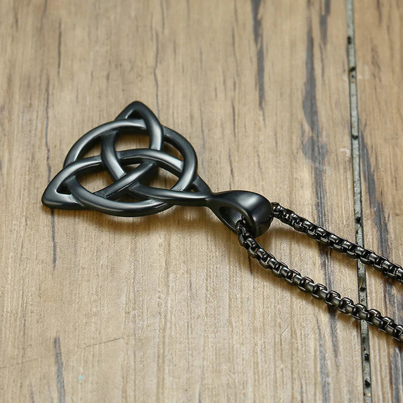 Men's Black Irish Triquetra Knot Pendant Necklace with Stainless Steel Box Chain