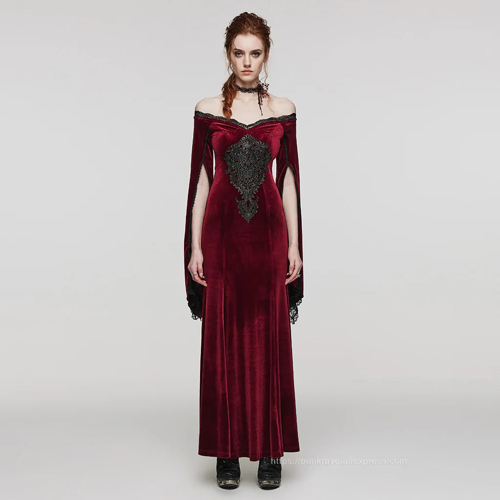 PUNK RAVE Women's Gothic Delicate Gorgeous Large Decal V-neck Dress Elastic Velvet Party Club Long Dresses Women Clothing