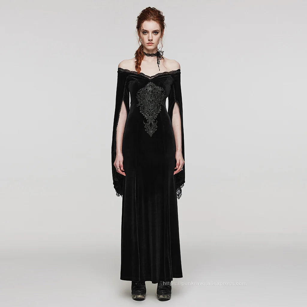 PUNK RAVE Women's Gothic Delicate Gorgeous Large Decal V-neck Dress Elastic Velvet Party Club Long Dresses Women Clothing