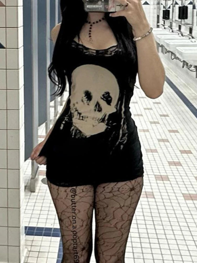 2024 New Retro Punk Gothic Dress Women Streetwear Harajuku Skull Printed Sleeveless High Waist Bodycon Dress Grunge Rave Outfits