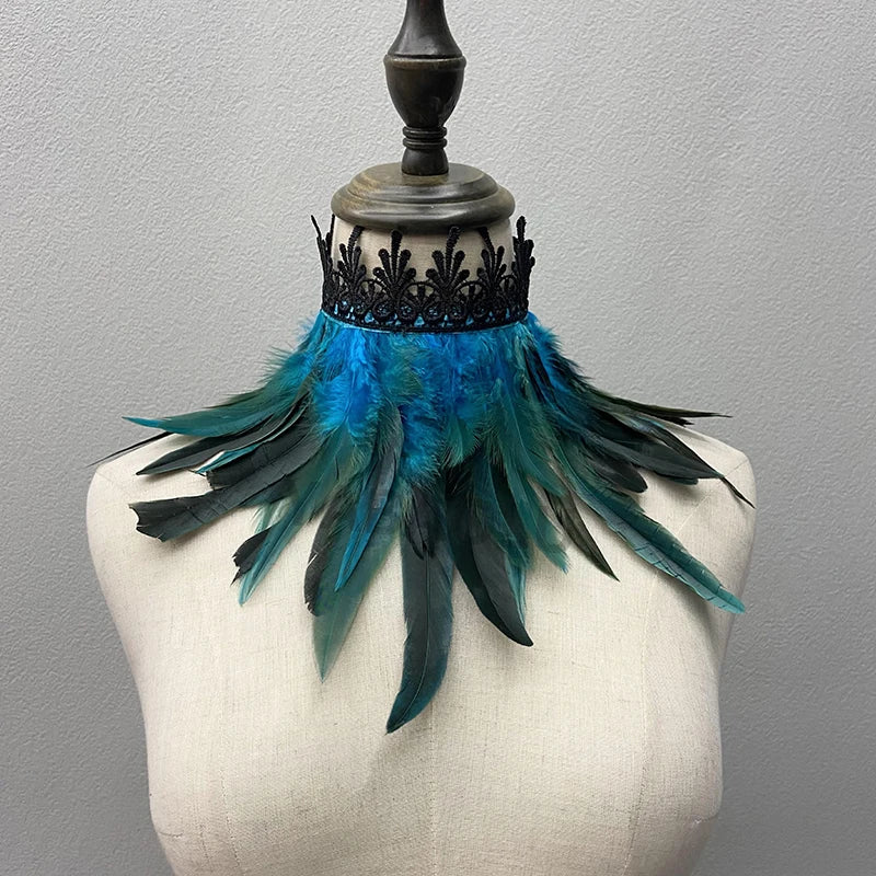 Black Feather Choker Collar Sexy Lace Women Neck Cover Punk Cape Shawl Party Cosplay Natural Feather With Lace Fake Collar