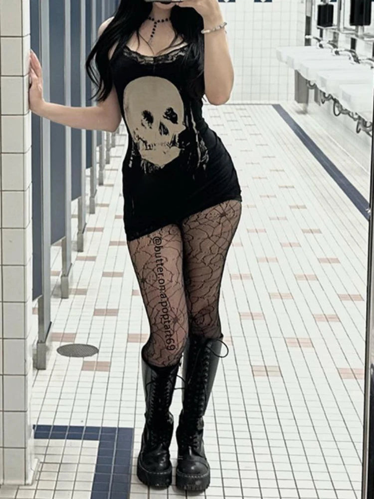 2024 New Retro Punk Gothic Dress Women Streetwear Harajuku Skull Printed Sleeveless High Waist Bodycon Dress Grunge Rave Outfits
