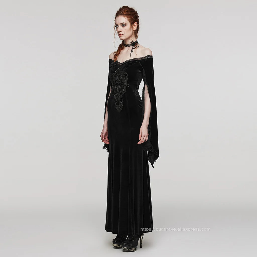 PUNK RAVE Women's Gothic Delicate Gorgeous Large Decal V-neck Dress Elastic Velvet Party Club Long Dresses Women Clothing