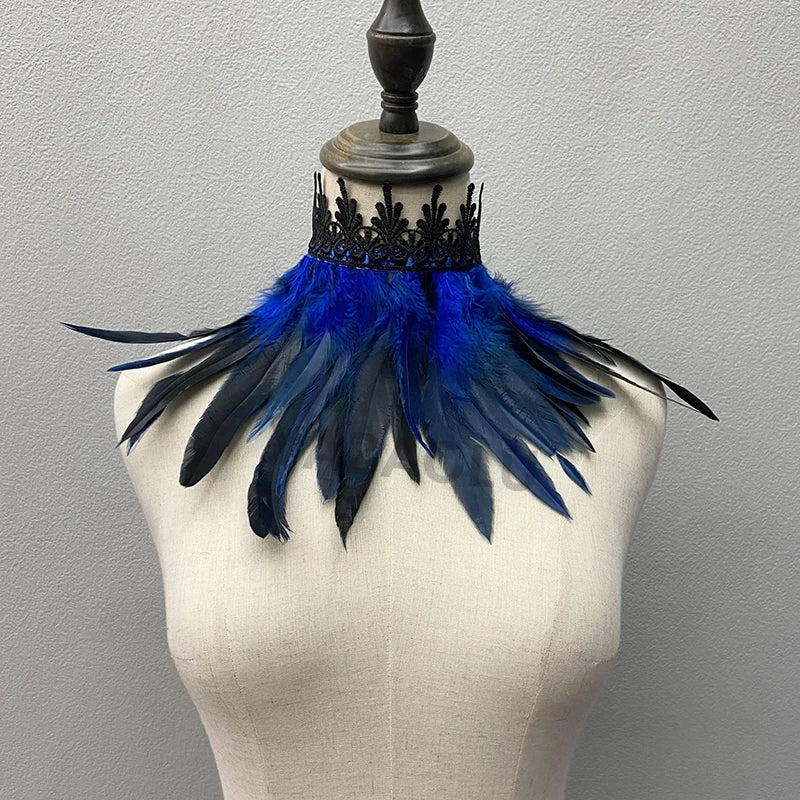 Black Feather Choker Collar Sexy Lace Women Neck Cover Punk Cape Shawl Party Cosplay Natural Feather With Lace Fake Collar