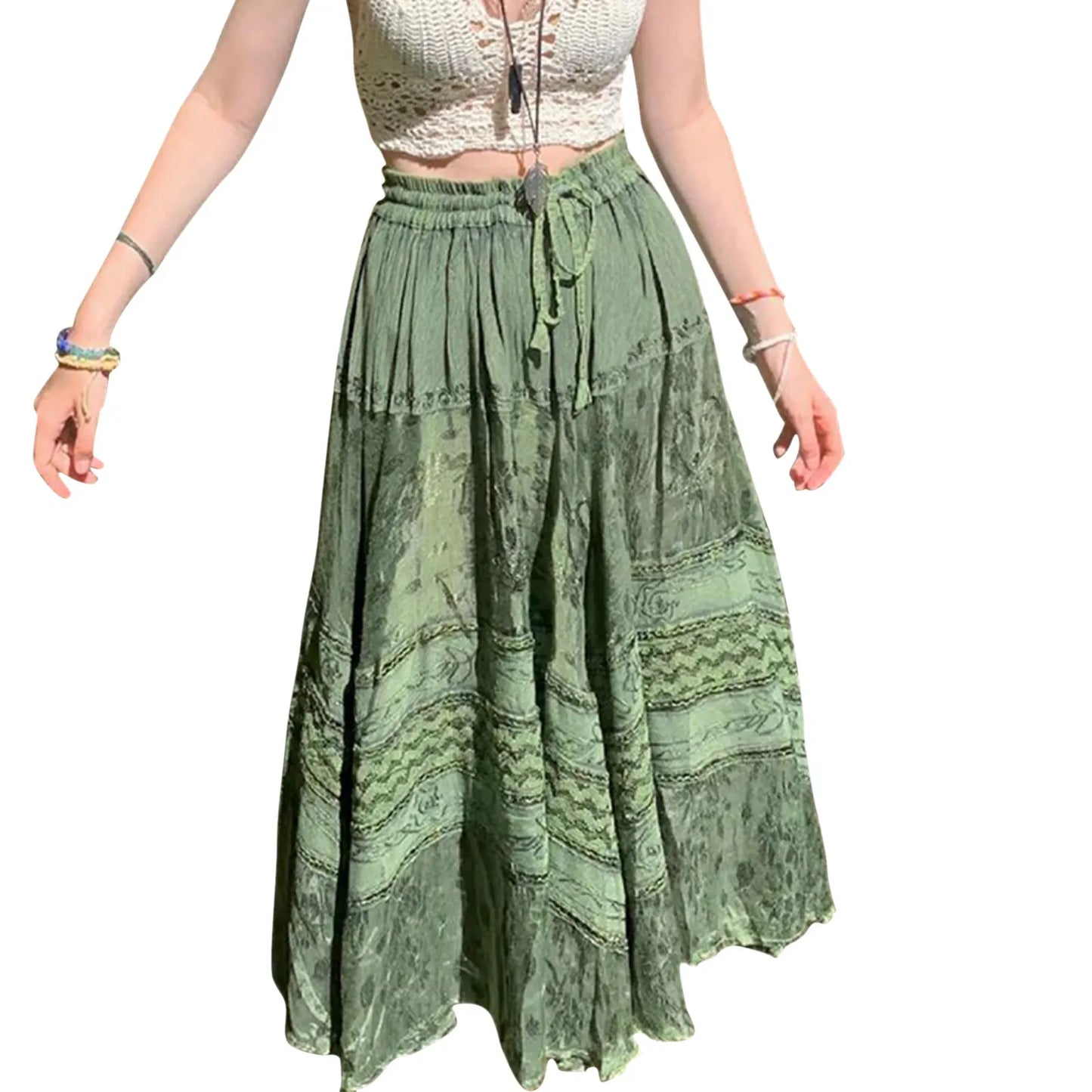2000s Women's Clothing Trendy Vintage Skirt, Retro Print High Waist Lace-Up Female Midi Skirt for Party Vacation