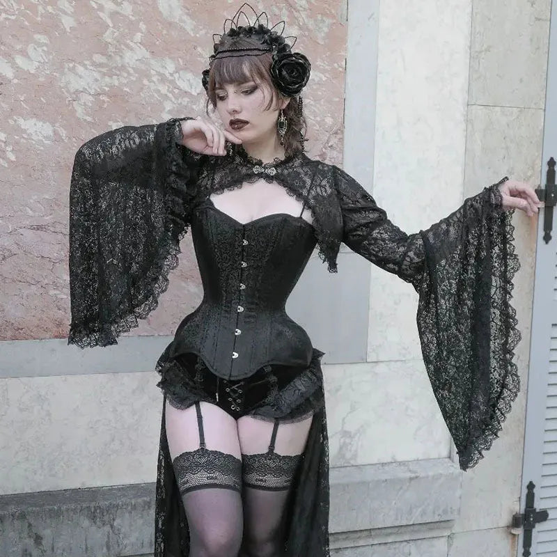 Lace Mall Gothic See Through Shrug Tops Grunge Aesthetic Black Flare Sleeve Crop Top Women Vintage Punk Sexy Clothing