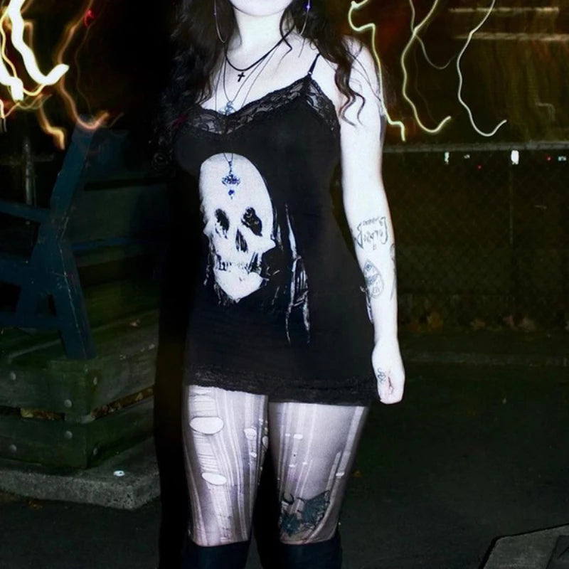 2024 New Retro Punk Gothic Dress Women Streetwear Harajuku Skull Printed Sleeveless High Waist Bodycon Dress Grunge Rave Outfits