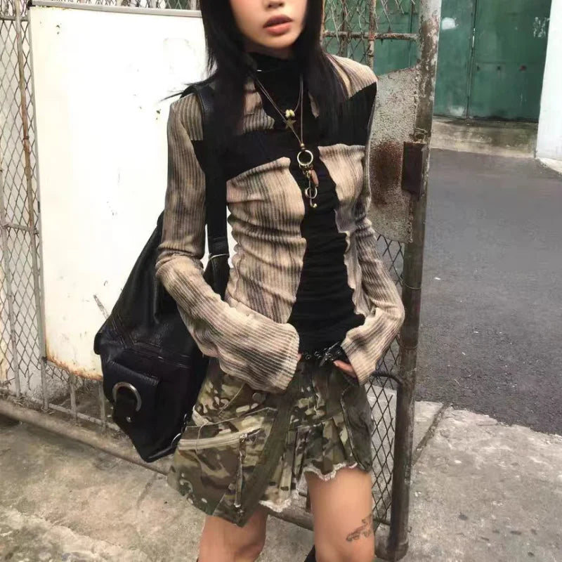 Women Y2k Clothing Ribbed Tops Vintage Harajuku Cross Print T-shirt Grunge Aesthetic Long Sleeve Patchwork Tops Trend 2000s